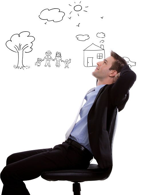 Young business man looking up and planning with lovely family